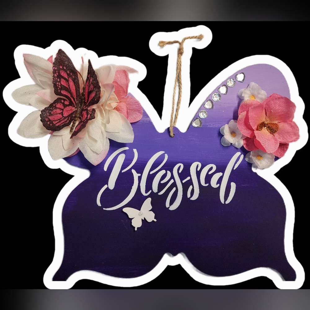 Decorative Purple 'Blessed' Butterfly Wall Sign with Pink Flowers